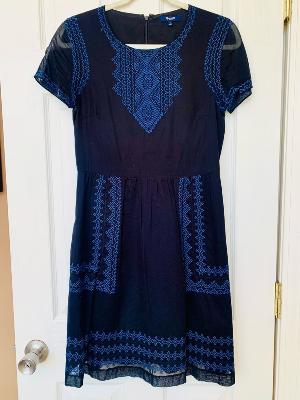 Short Sleeve Black Cotton Dress with Blue Embroidered Detail, Madewell, size 0